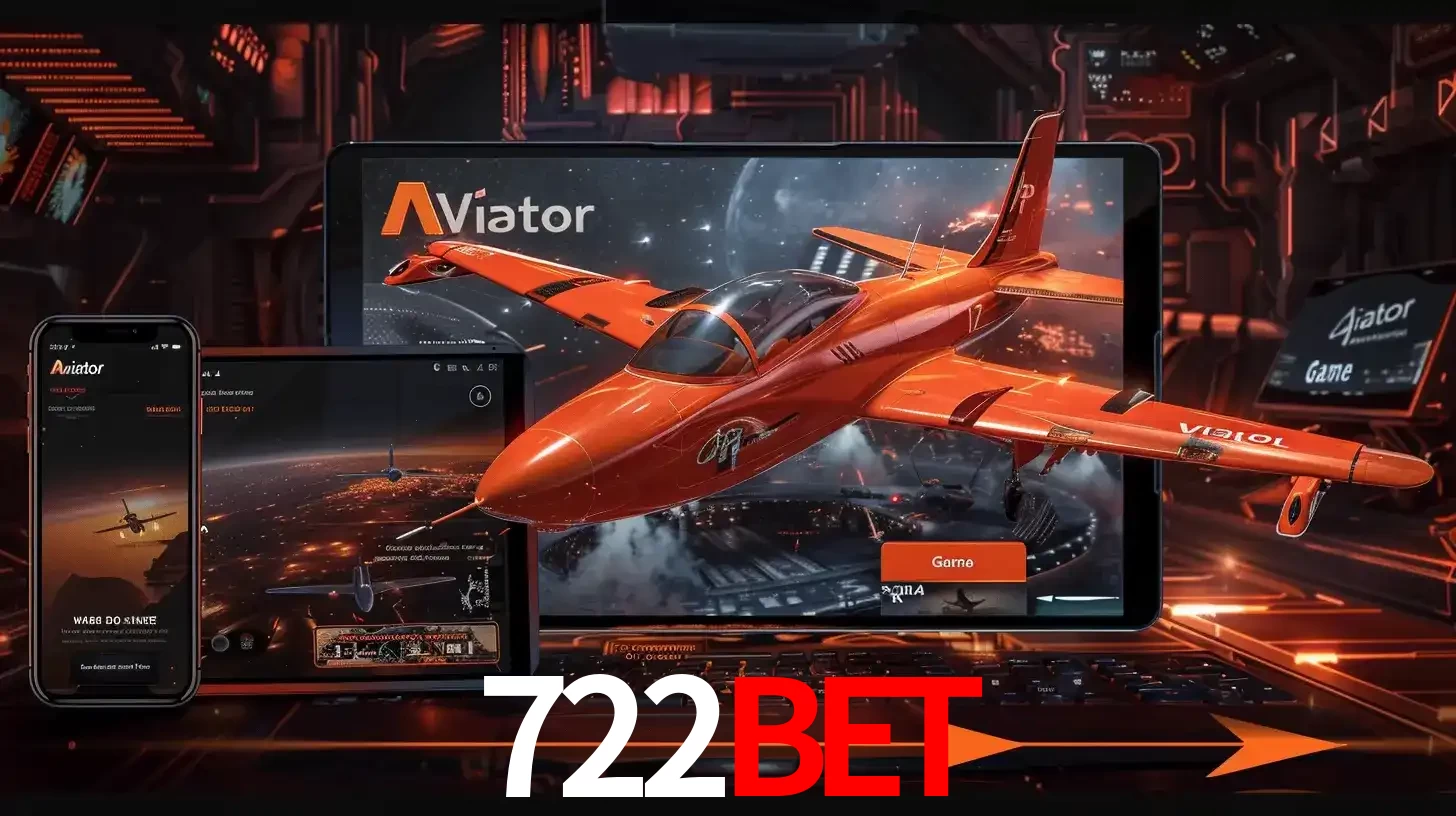 Apresentação tecnológica do jogo Aviator com um avião saindo da tela de um tablet, demonstrando a experiência imersiva em múltiplos dispositivos no 722bet.