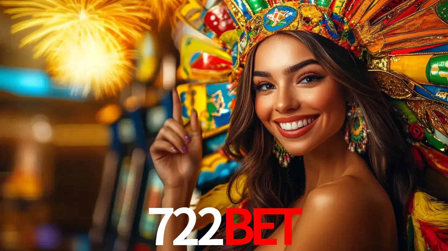 Mulher sorridente com um cocar de carnaval vibrante e colorido, celebrando uma grande vitória nos jogos do cassino 722bet com fogos de artifício ao fundo.