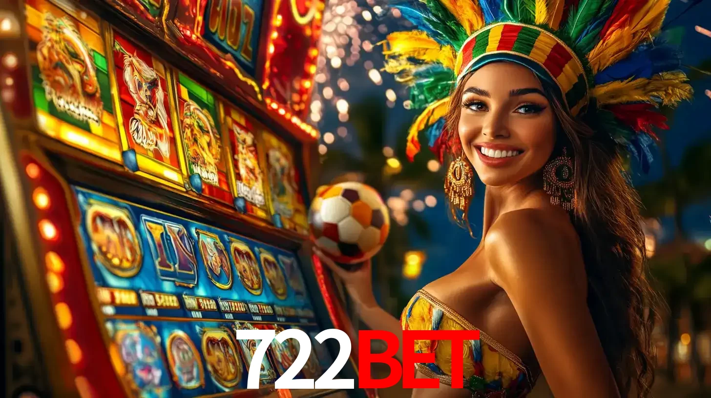 Mulher com um cocar de carnaval ao lado de uma máquina de caça-níqueis enquanto segura uma bola de futebol, mostrando a união da diversão de cassino e esportes no 722bet.