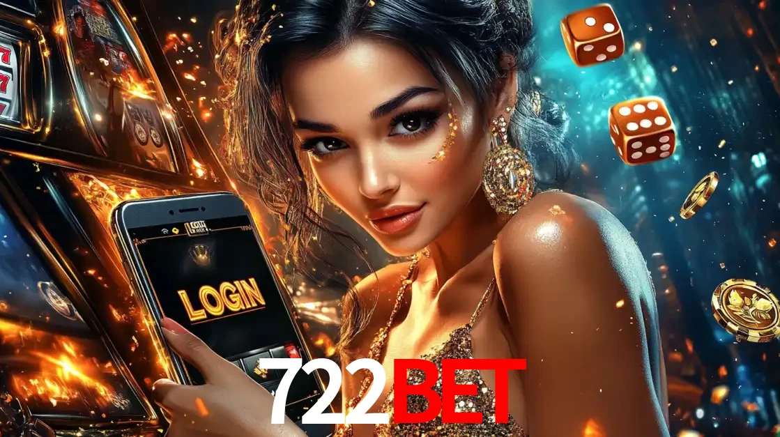 Mulher glamourosa segurando um celular com a tela de login do cassino 722bet, rodeada por dados e moedas douradas, pronta para começar a diversão.