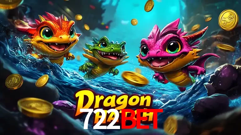 Arte promocional do jogo Dragon Hatch com três adoráveis dragões bebês nadando entre moedas de ouro, um dos slots mais divertidos para jogar no cassino 722bet.