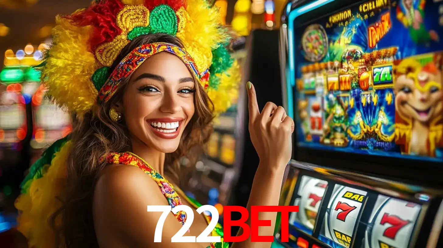 Mulher animada com um cocar de carnaval apontando para uma máquina de caça-níqueis, mostrando a emoção de ganhar um grande prêmio nos jogos do 722bet.