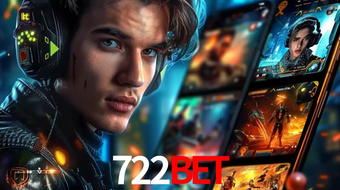 Jovem jogador com fones de ouvido olhando para a câmera, com um aplicativo de jogos e e-sports para celular ao fundo, pronto para a competição e apostas no 722bet.