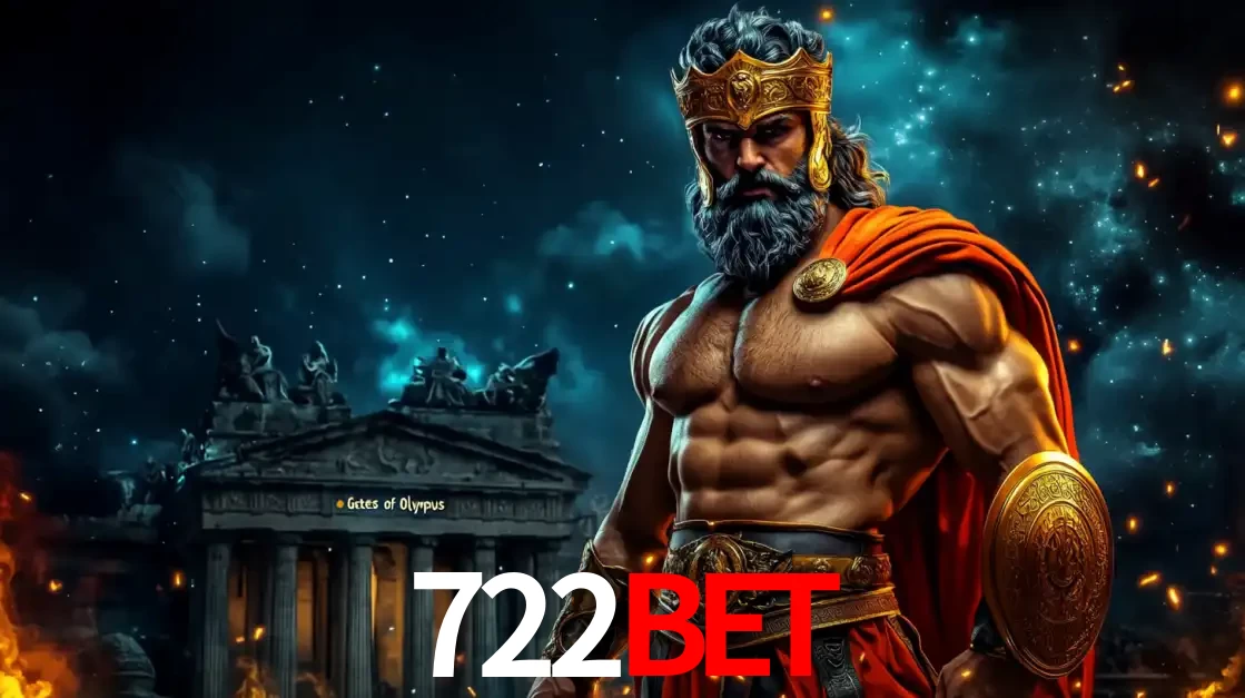 O poderoso Zeus do jogo de slot Gates of Olympus em frente ao seu templo, pronto para lançar multiplicadores divinos e prêmios épicos no cassino online 722bet.