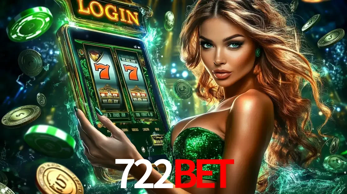Mulher com tema verde apresentando o aplicativo do cassino 722bet com um jogo de slot de 777, cercada por fichas de cassino e uma aura de sorte.