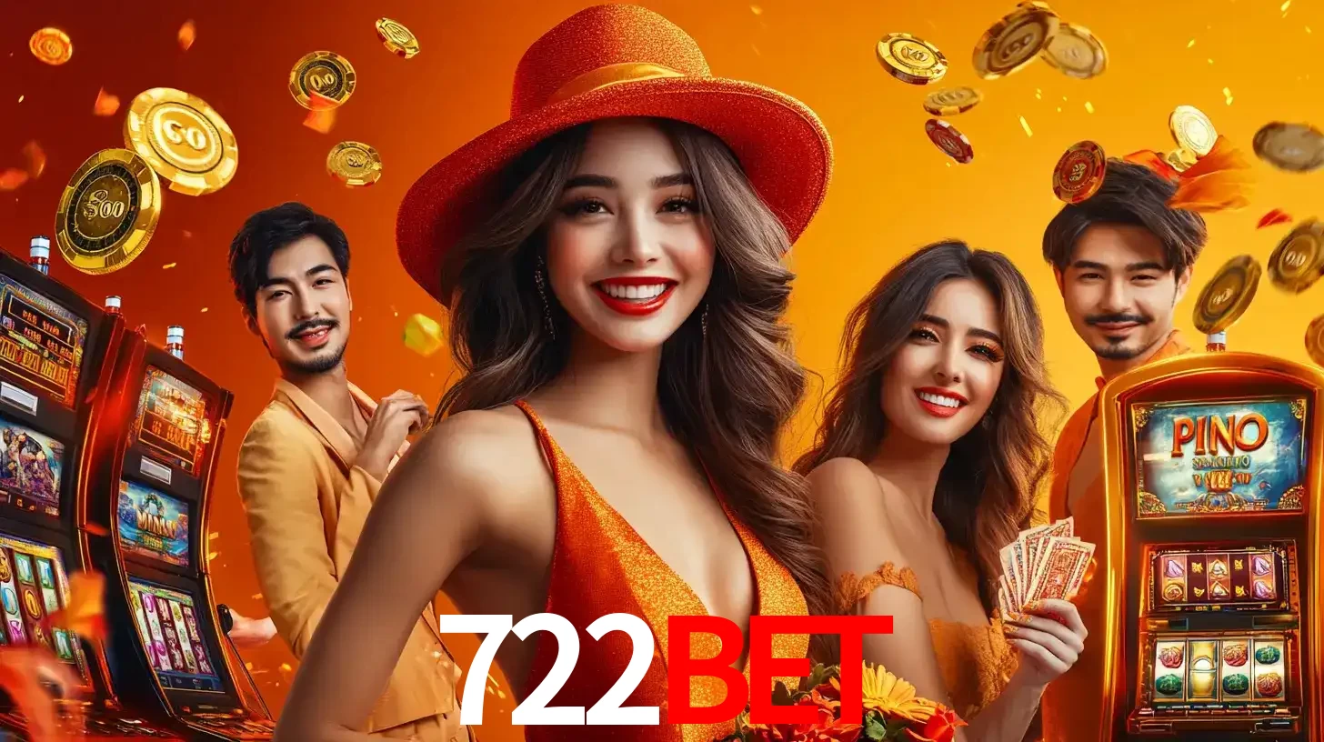 Grupo de amigos asiáticos sorrindo e se divertindo com máquinas de caça-níqueis em um ambiente festivo, celebrando suas vitórias nos jogos de cassino do 722bet.