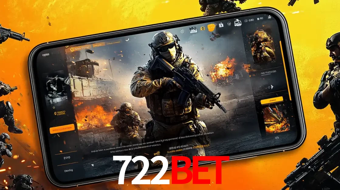 Um smartphone exibindo a interface de um jogo de tiro em primeira pessoa, com um soldado em um cenário de batalha, representando a ação dos e-sports para apostar no 722bet.