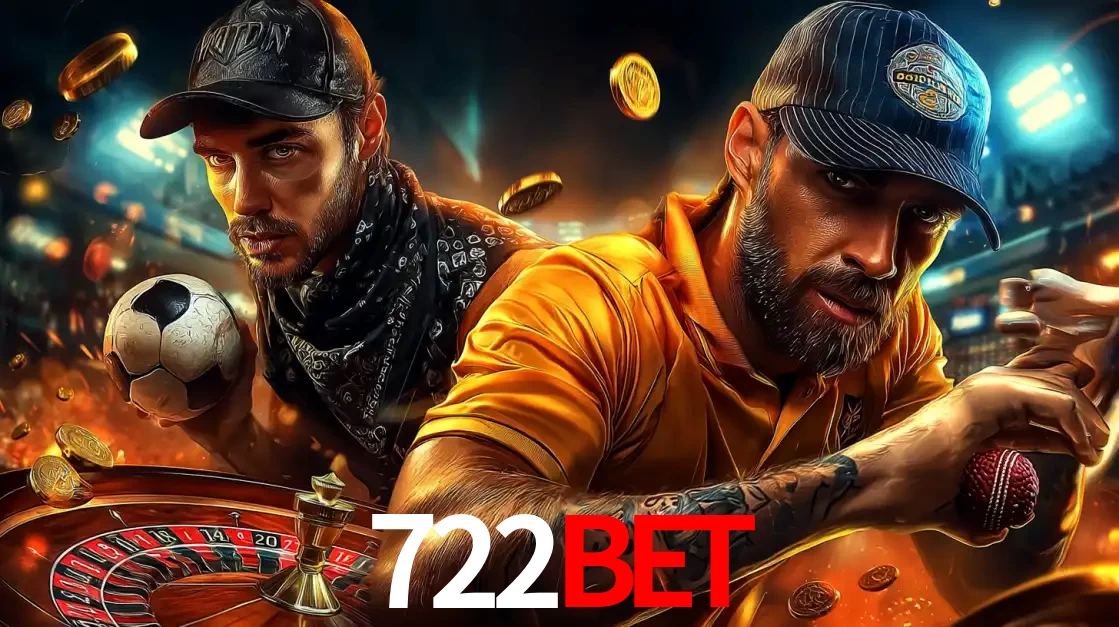 Montagem de apostas esportivas e cassino no 722bet, com um homem segurando uma bola de futebol e outro uma de beisebol sobre uma roleta e moedas voadoras.
