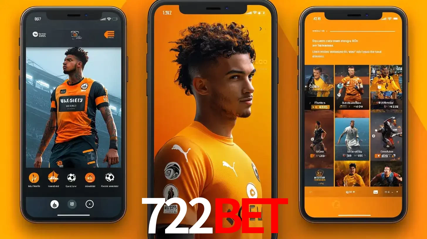 Interface do aplicativo de apostas esportivas 722bet em três telas de celular, mostrando o perfil de um jogador de futebol e a lista de jogos disponíveis para apostar.