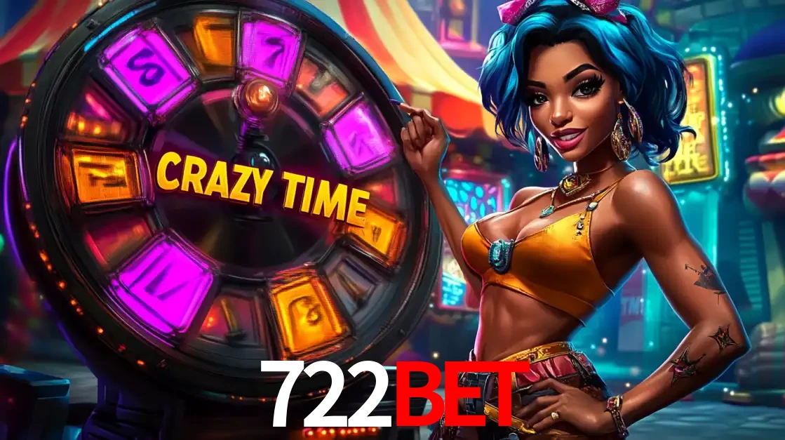 Mulher estilizada com cabelo azul e visual vibrante posando ao lado da roda de prêmios do game show Crazy Time, convidando para a diversão e os bônus do cassino 722bet.