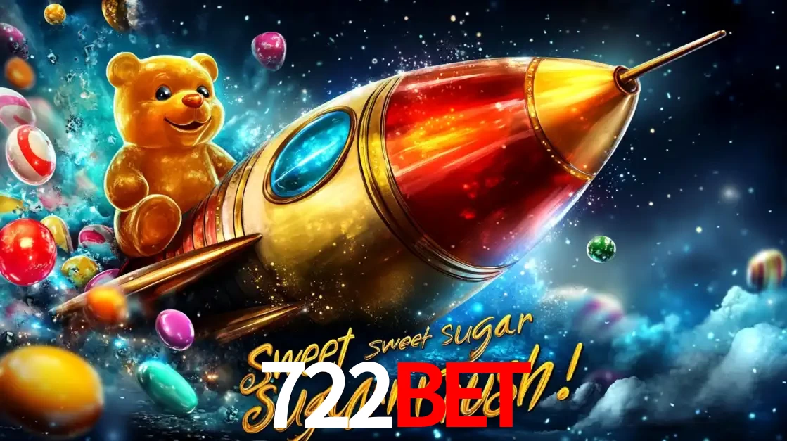 Arte promocional do jogo de slot Sugar Rush, com um urso de pelúcia em um foguete viajando pelo espaço de doces, um dos jogos divertidos disponíveis no cassino 722bet.