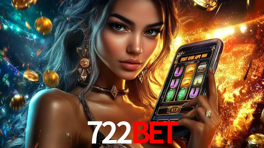Mulher elegante mostrando um jogo de caça-níqueis em seu smartphone, destacando a experiência de cassino móvel oferecida pelo aplicativo 722bet.