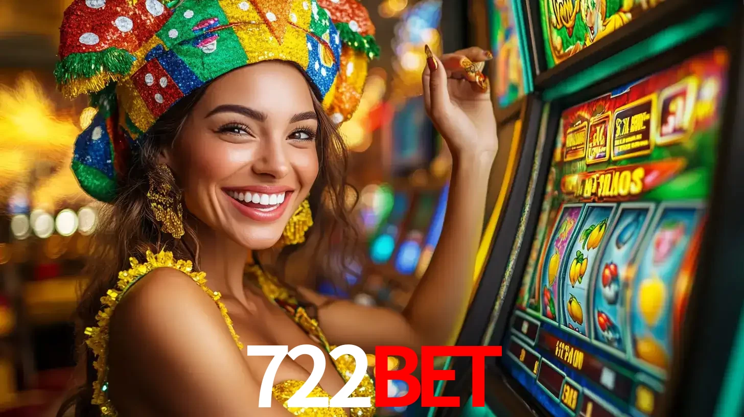 Mulher feliz com traje de carnaval amarelo e colorido ao lado de uma máquina de caça-níqueis, aproveitando a diversão e os jogos temáticos do cassino 722bet.