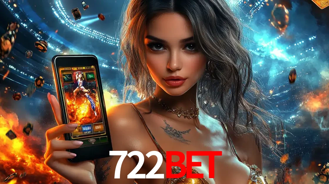 Mulher segurando um celular com um jogo de slot em destaque, tendo como fundo um estádio vibrante, simbolizando a emoção de jogar no cassino móvel 722bet.