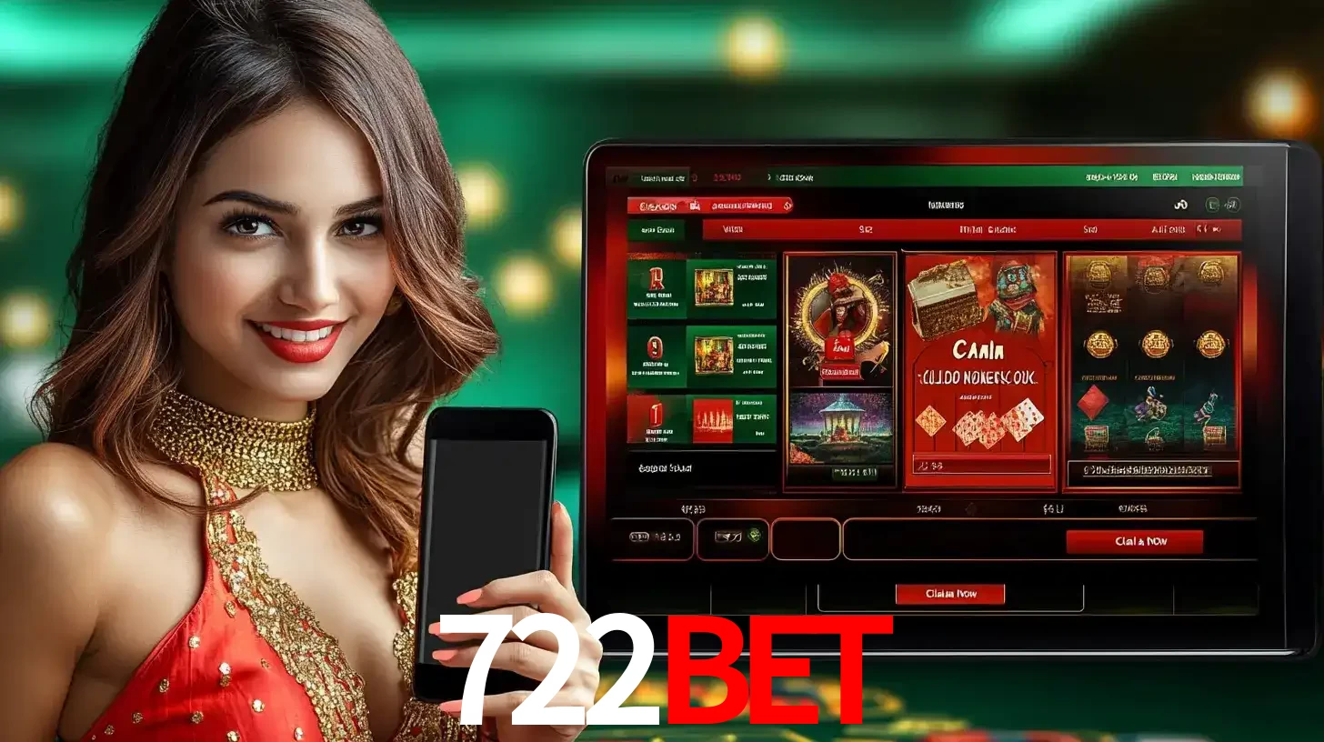 Mulher sorridente segurando um smartphone, ao lado de uma tela exibindo o lobby de jogos do cassino online 722bet, com várias opções de jogos de cartas e slots.